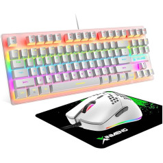 ZIYOU LANG White Wired Gaming Keyboard Mouse Set, TKL 80% QWERTY izkārtojums, kompakts 87 taustiņi, klikšķināms zils slēdzis, Rainbow LED Backlit mehāniskā tastatūra + 6400 DPI vieglā Honeycomb pele