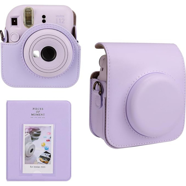 Meetikar kameras futrālis un 64 kabatas fotoalbums, saderīgs ar Fujifilm Instax Mini 12 instant kameru, PU ādas pārnēsājamā Mini 12 kameras somiņa ar regulējamu plecu siksnu un fotoalbumu, violeta,