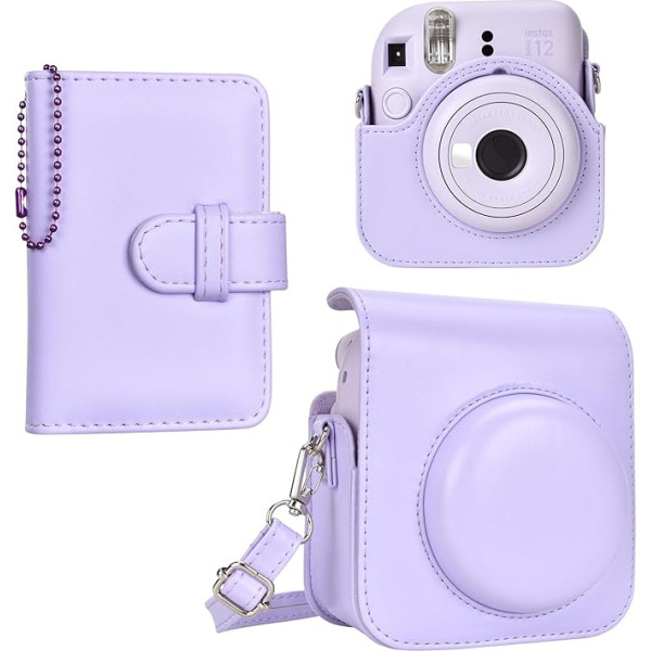 HIYQIN Camera Case saderīgs ar Fujifilm Instax Mini 12, PU ādas futrālis ar somiņu un 32 kabatām Mini fotoalbumam - Instax Mini 12 aizsargvāciņš, violets