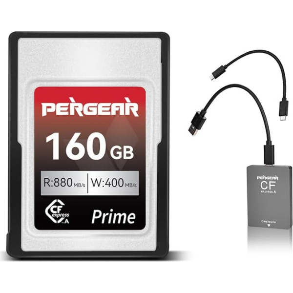 Pergear Professional 160GB CFexpress A tipa atmiņas karte - VPG200 ar 880MB/s maksimālo nolasīšanas ātrumu un 400MB/s nepārtrauktas rakstīšanas ātrumu 4K 120P, 8K 30P ierakstīšanai ar karšu lasītāju