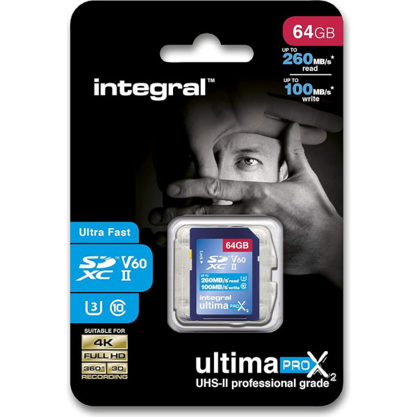 Integral 64GB UHS-II SD karte v60 Līdz 260MB/s lasīšanas un 100MB/s rakstīšanas ātrums SDXC profesionāla ātrgaitas atmiņas karte