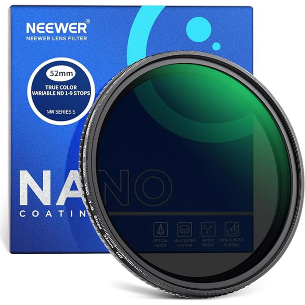 NEEWER 52 mm maināms patieso krāsu ND2-ND400 filtrs, ciets, regulējams neitrālā blīvuma VND filtrs ar daudzslāņu optisko HD stiklu, alumīnija rāmis, ūdensnecaurlaidīgs, izturīgs pret skrāpējumiem.