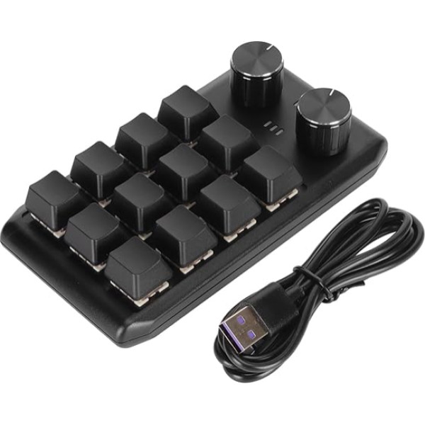 12 mehāniskās tastatūras taustiņi, 2 taustiņu tastatūra, makro tastatūra pielāgotai programmēšanai, mehāniskā tastatūra ar sarkanu slēdzi (vadu USB)