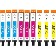 Cartridgeify CLI-551 XL spiestuves kasetnes saderīgas ar Canon CLI-551XL C/M/Y kasetnēm (9 iepakojumā) priekš Pixma iP8750 MG6350 MG7150 MG7550 iX6850 MX925 MG6650 iP7250 MX725 MG6450 MG5455 00 MG55050