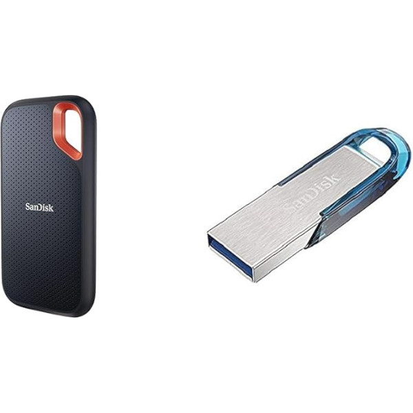 SanDisk Extreme Portable SSD 1TB un Ultra Flair USB 3.0 zibatmiņas diskdziņš 64 GB (Rescue Pro programmatūra, paroles aizsardzība, izturīgs, plāns metāla korpuss, 150 MB/s pārraides ātrums), zils