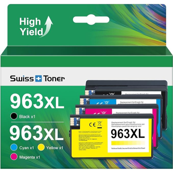 swiss toneri 963XL printeru kasetnes, kas ir saderīgas ar HP 963XL Multipack priekš HP OfficeJet Pro 9010 9010e 9012 9012e 9014 9014e 9015 9015e 9016 9019 9019e 9020 9022 9022e 9025 9025E (4-Pack)