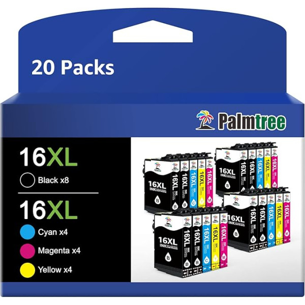 Palmtree 16XL multipakas 16XL daudzpakešu printeru kasetnes, kas ir saderīgas ar 16XL 16 XL kasetnēm Workforce WF-2760 WF-2630 WF-2510 WF-2660 WF-2010 WF-2540 W-F2750 WF-2650 WF-2520 WF-2530 (20 gab.)