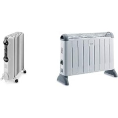 De'Longhi TRRS0920 elektriskais radiators, 2000 W, 3 jaudas līmeņi, balts un konvektors HCM2030 - sildītājs ar 3 siltuma iestatījumiem telpām līdz 60 m³, drošības termostats, pelēks