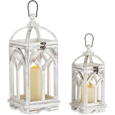 Nuptio Decorative Wooden Candle Lantern: Set of 2 Large Vintage Distressed Lanterns Rustic Pillar Candle Holder Farmhouse for Garden Outdoor Fireplace Wedding Table (29 cm / 39.8 cm High