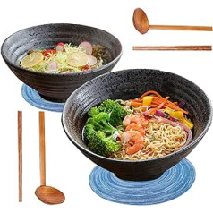 2 Sets Japanese Ramen Bowl, Ceramic Salad Bowl, 900 ml, Premium Non-Slip Soup Bowl with Spoon and Chopsticks, for Ramen, Cereal, Udon Asian Pasta, Pasta, Soba, Salad, Black (A)