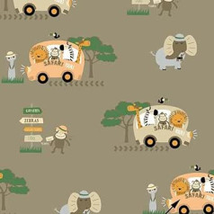 „Safari Animals“ autobusas, 100 % medvilnės audinys vaikams, parduodamas pagal matuoklį, siuvimo audinys (300 x 160 cm)