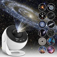 Mexllex Starry Sky Projector, Projector Lamp, Starry Sky for Bedroom, 12 Planet Discs, LED Starry Sky Projector for Children, Adults, Bedroom, Party, Ceiling