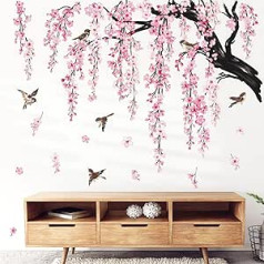 wondever Wall Tattoo Cherry Blossom Pink Tree Branch Large Wall Sticker Hanging Flowers Blossoms Birds Wall Sticker Wall Decoration for Living Room Bedroom Sofa Background