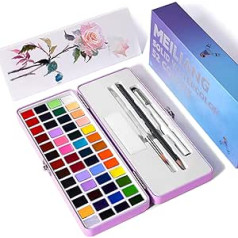 MeiLiang Watercolour Paint Set 52 Colors in Half Pans with Drawing Pen, Brush, 5 Watercolour Paper, Sponge, Black Drawing Pencils, Art Supplies for Kids and Adults, Travel Watercolour & Purple Box