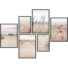 CreativeRobin Pampas Grass, Mountains and Beach Premium Poster Set as Living Room Decoration 4 x A3 + 2 x A4 Wall Pictures Collage