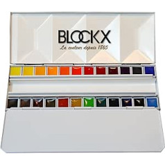 Blockx Watercolour Box Enamel, 24 Colours in Half Bowls, Fine Artist Watercolour Paint in Metal Box with High Luminosity and Colour Brilliance, High-Quality Pigments