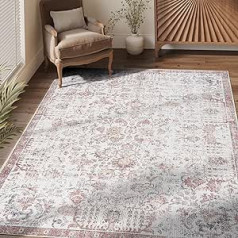 jinchan Paklājs 150 x 210 cm Vintage paklājs iekštelpām Flodbar plāns paklājs Retro akcentu paklājs Satraukts paklājs Sarkans, vairāku ziedu apdruka Boho paklājs Neslīdošs Virtuve Guļamistaba Dzīvojamā istaba Ēdamistaba Birojs