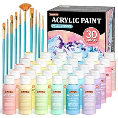 Shuttle Art Acrylic Paint Set Pastel, 30 Acrylic Paints Pastel in Bottles, 60 ml Each, 10 Brushes, Pastel Acrylic Paint Set Children, Oil Paint Set for Painting and Crafts on Canvas, Stone, Ceramic,