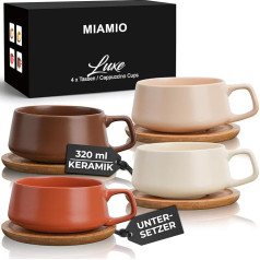 MIAMIO - 4 x 320 ml kafijas tasītes/kapučīno tasītes ar paliktnīšiem / Elegantas / Modernas / Akmensmasas kafijas krūzes - Luxe Collection komplekts (bēšs, pasteļkrāsas)