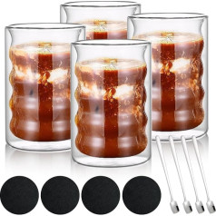 Gigtoop Latte Macchiato glāzes, 4 glāzes ar dubultiem sieniņiem, 4 karotes un 4 paliktņi, 350 ml, spirālveida Espresso glāzes, kafijas tasītes, dzeramās glāzes, mazgājamas trauku mazgājamā mašīnā (4 gab.)