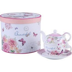 London Boutique Vintage Rose Lavandas tējkanna, krūze un šķīvis Porcelāna komplekts vienai krūzei dāvanu kastītē 15 x 15 cm, Bird Rose Butterfly, 15x15cm