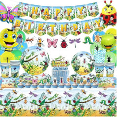 LSJDEER Kukaiņu dzimšanas dienas svinību rotājumi Bugs Party Supplies, šķīvji tasītes salvetes galdauts Laimīgu dzimšanas dienu Banner Balons Cake Toppers klases birojam Dārza rāpuļu bērnu diena