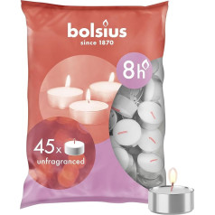 Bolsius D-light tējas sveces - maisiņā - degšanas ilgums 8 stundas - dekoratīvās mājas sveces - baltas - dabīgs augu vasks - bez palmu eļļas - 45 gab. iepakojumā