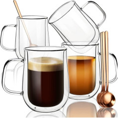 Swanfort kafijas glāzes ar dubultiem sieniņiem, 4 glāzes Latte Macchiato ar rokturi, Borosilikāta stikla kafijas glāzes, kapučīno glāzes ar 4 karotītēm kapučīno, tējai, kafijai (470 ml)