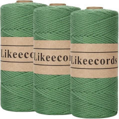 Likeecords 3 ruļļi vilnas tamborēšanas maisiņiem, 2 mm x 170 m, dzija tamborēšanai, makrame dzija, kokvilnas dzija tamborēšanai, 100% kokvilnas cauruļu dzija adīšanai, tamborēšanai, aušanai Dāvana (zaļa)