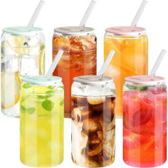 Aikebhc 6 stikla trauku komplekts 16oz Cute Tumblers ar silikona vāciņiem un stikla salmiņiem, ideāli piemērots kokteiļiem, viskijam, limonādei, tējai, lieliska dāvana