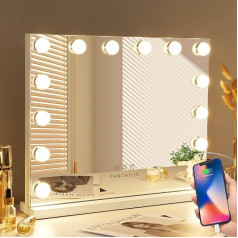 FENCHILIN Hollywood Mirror with Lighting, with USB, Touch Control, Large Makeup Mirror with 14 Dimmable LEDs, 3 Colour Temperature Light Cosmetic Mirror, Table Top/Wall Mounted (White)