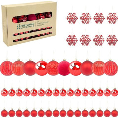 The Christmas Workshop Pack of 50 Shatterproof Textured Baubles / Elegant Festive Designs / Christmas Tree Decorations with String for Hanging / Various Sizes and Styles (Red)