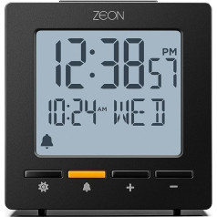 ZEON Digitālais nakts modinātājs ar pozitīvu LCD displeju, funkciju Snooze, fona apgaismojumu un temperatūras, dienas un datuma rādīšanu melnā krāsā, darbināms ar akumulatoru CE4555