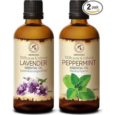 Piparmētru eļļas un lavandas eļļas ēterisko eļļu komplekts 2 x 100 ml - aromterapijas ēterisko eļļu komplekts - eļļas aromadifuzoriem un ziepēm - piparmētru eļļa dabīgajai kosmētikai un aromātiskajām svecēm (DIY)