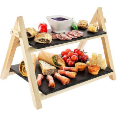 Slate Cake Stand Serving Board Premium Bamboo Rustic Slate Boards 2 Tier Foldable Shelf Food Serving Tapas Sushi Appetizer Dishes Serving Tray Plates (1 x