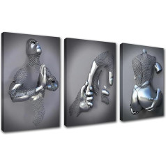 Moderns skaitlis Statue Art Canvas Wall Art Silver Metal Figure Romantic Abstract Artwork Silver Plakāti un izdrukas 3 gabali Sienas bildes dzīvojamā istaba dekors ar rāmi gatavs karājas