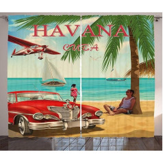 ABAKUHAUS Travel Rustic aizkars, Retro Havana Kuba Auto pludmale Dzīvojamā istaba Universālie lentveida aizkari ar cilpām un āķiem, 280 x 175 cm, Aqua Red