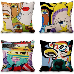 Aoihrraan Spilvenu pārvalki, komplekts no 4 Funny Abstract Graffiti Face Cushion Cover Square Linen ar neredzamu rāvējslēdzēju dīvānam Automašīna Dārza gulta Dīvāns Dekoratīvs 46 x 46 cm