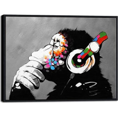 Wieco Art Black Framed Monkey with Headphones Banksy Graffiti Art Abstract Canvas Plakāti un izdrukas Animal Canvas Wall Art for Wall Decor and Home Decoration