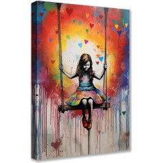 Tucocoo Mākslas darbi mājas sienām Little Girl Swing Pictures Krāsains grafiti gleznas 1 panelis Canvas Banksy Pop Art Modern Art Modern Art Work Home Decor for Living Room Koka rāmī gatavs pakārt 60 x 90 cm