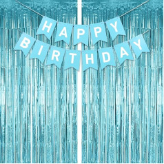 Zilas dzimšanas dienas svinību rotājumi, 2 gabali Tinsel folijas aizkari Door Streamer Party Backdrop Light Blue and White Happy Birthday Banner Bunting ar folijas bārkstīm aizkaru Happy Birthday