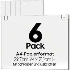 Mamuta A4 papīra akrila sienas izkārtņu turētājs - augstākās kvalitātes sienas izkārtņu turētājs ar stiprinājuma piederumiem - 6 gab. iepakojumā, ainavas formāts