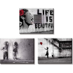 Piy Painting Street Graffiti Art Girl with Red Balloon Life is Beautiful Art Print on Canvas, Photo Canvas and Art Prints on Wall Decoration for Living Room Kitchen 30 x 40 cm Set of 3