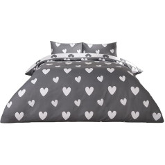 Dreamscene Reversible sega segu komplekts ar spilvenu pārvalku Hearts Charcoal Grey Printed Easy Care Single