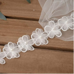 MYhose Izšūšana Applique 1 Yarda izšūti ziedu balta mežģīnes DIY lentes Faux pērles reljefa Applique White B