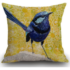 Smooffly Oil Painting Cushion Cover Blue Robin Yellow Background Lovely Animal Chrysanthemum Pattern Cotton Linen Dekoratīvie Throw spilvens Cover 18x18 collu dīvānam