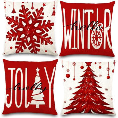 DIYDEC 4 Pack Christmas Pillow Covers 18x18 Linen Red Christmas Tree Snowflake Throw Pillow Covers for Christmas Indoor Home Living Room Sofa Decorations