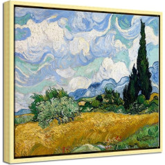 Wieco Art Kviešu lauks ar Ciprese Van Goga slavens Oil Painting Reproducēšana Modern Framed Landscape Giclee Canvas Print Art Print Pictures on Canvas Gold 16x12inch (Framed)