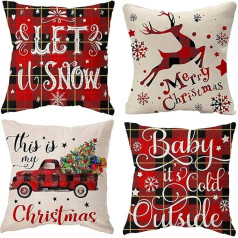 Pack of 4 Merry Christmas Design Cushion Covers Throw Pillow Cases for Sofa Xmas Room Decorations 18 x 18 Inch Cotton Linen Red Decorative Christmas Square Cushion Cover Only UK Deer and Car