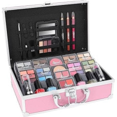 LOVE URBAN BEAUTY Vegan Hot Pink Vanity Case - 82 gabaliņu kosmētikas komplekts pusaudžiem un sievietēm ar acu ēnām, sārtumu, lūpu krāsām un nagu kopšanas līdzekļiem - smieklīgs ceļojumu tualetes futrālis meitenēm